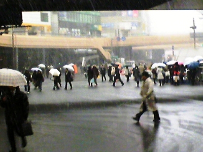写真③2011年3月11日16時22分（仙台市青葉区）仙台駅前 信号も止まり交通がマヒ。車道を歩く人々.jpg